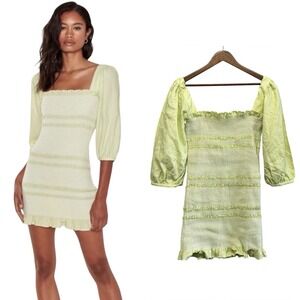 Capulet Womens Mini Dress Size L Stretch Smocked Ruched Ruffle Square Neck Linen